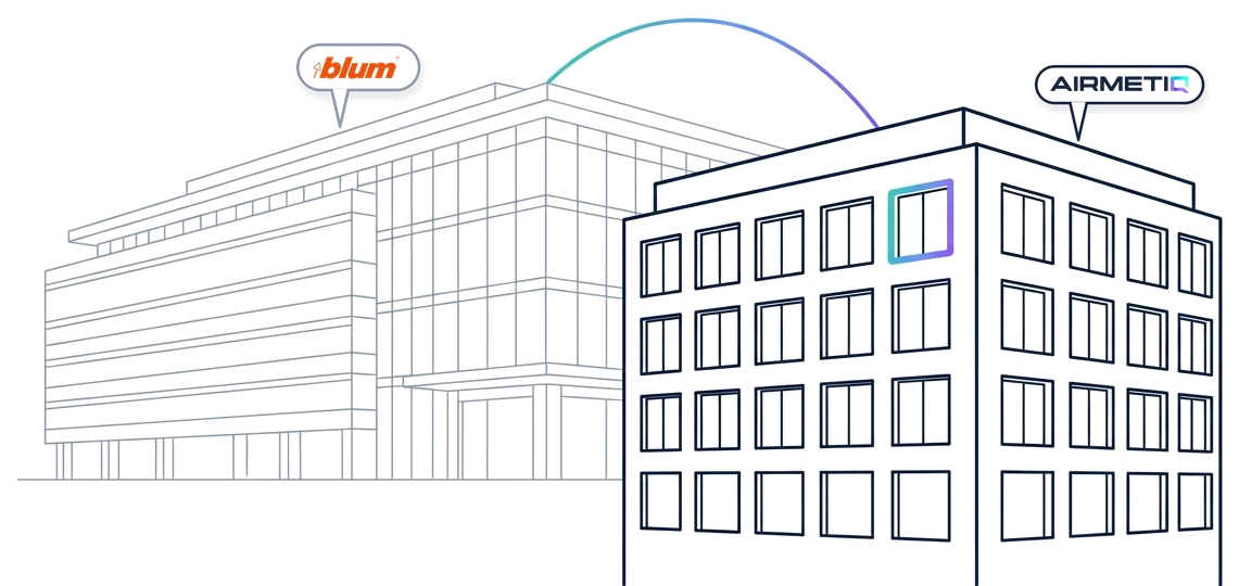 KI-generierte Illustration: Blum-Gebäude und AIRMETIQ-Gebäude, verbunden durch einen Bogen